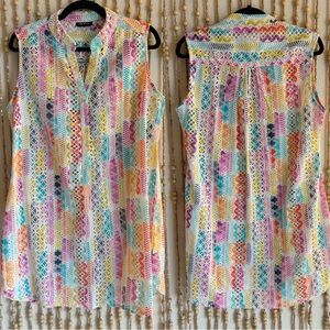 APNY Rainbow Eyelet Boho Indie V Neck Button Shirt Sleeveless Mini Summer Dress
